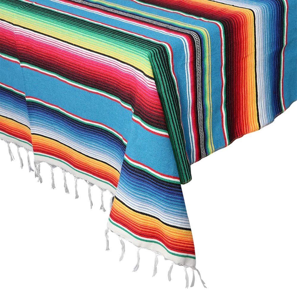OurWarm Mexican serape tablecloth in blue with fringe for festive dining