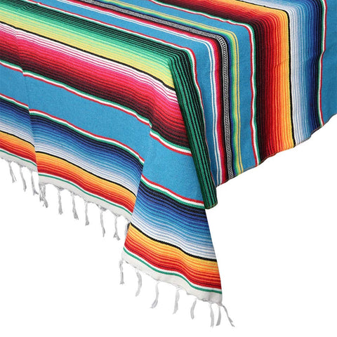 OurWarm Mexican serape tablecloth in blue with fringe for festive dining