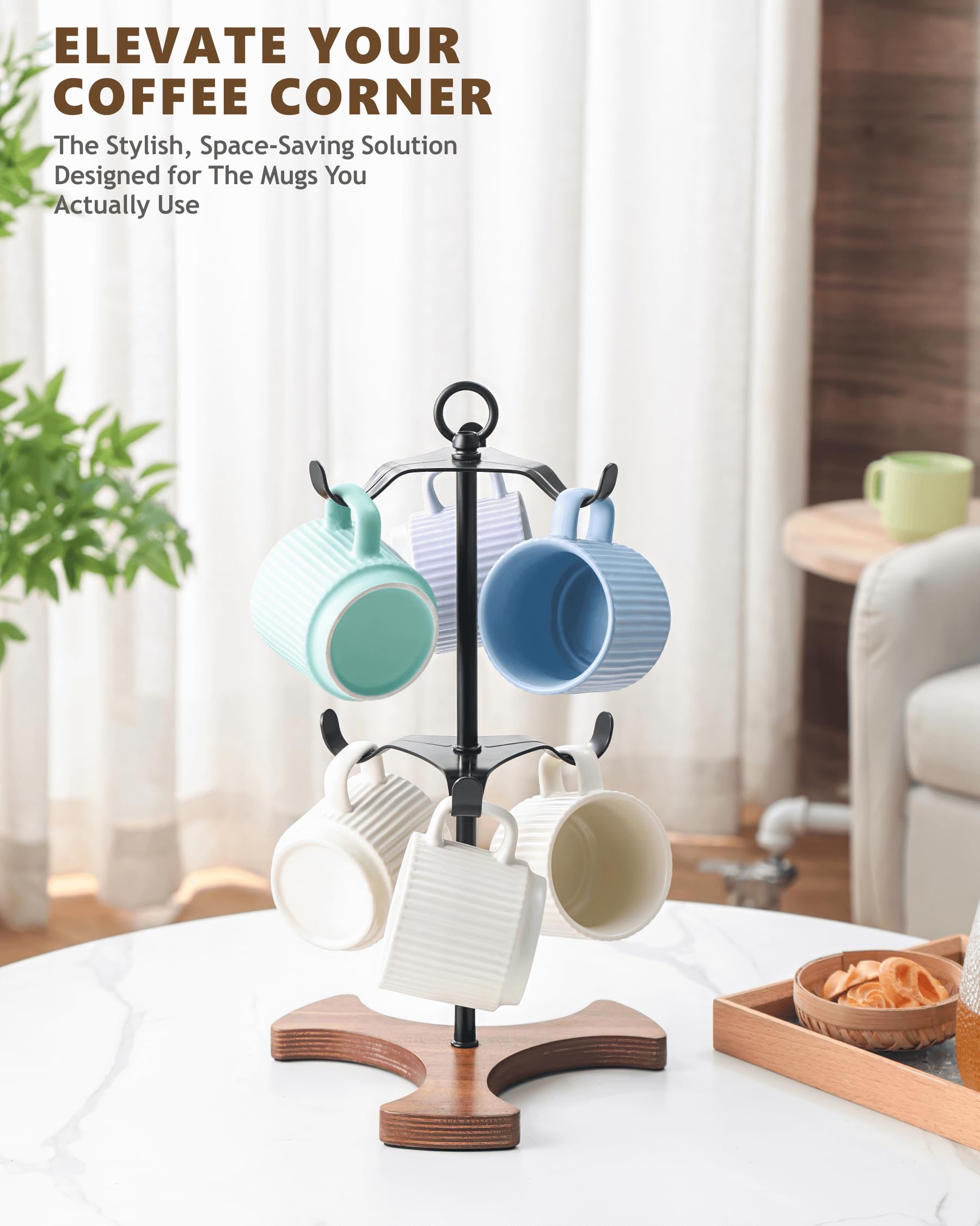 Ouseen mug tree two-tier hangers keeps six mugs neatly organized