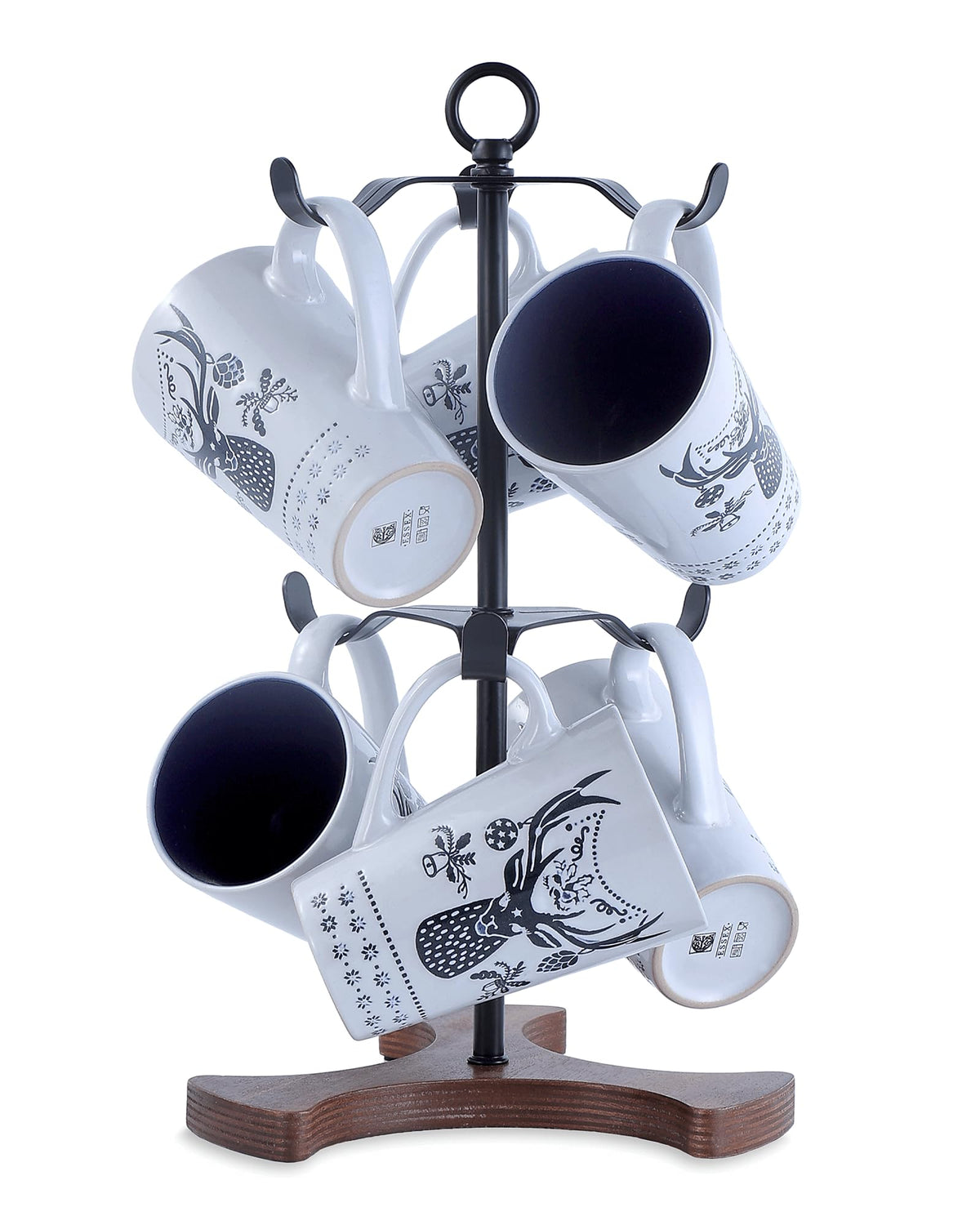 Ouseen Mug Tree with wood base providing sturdy display for large mugs