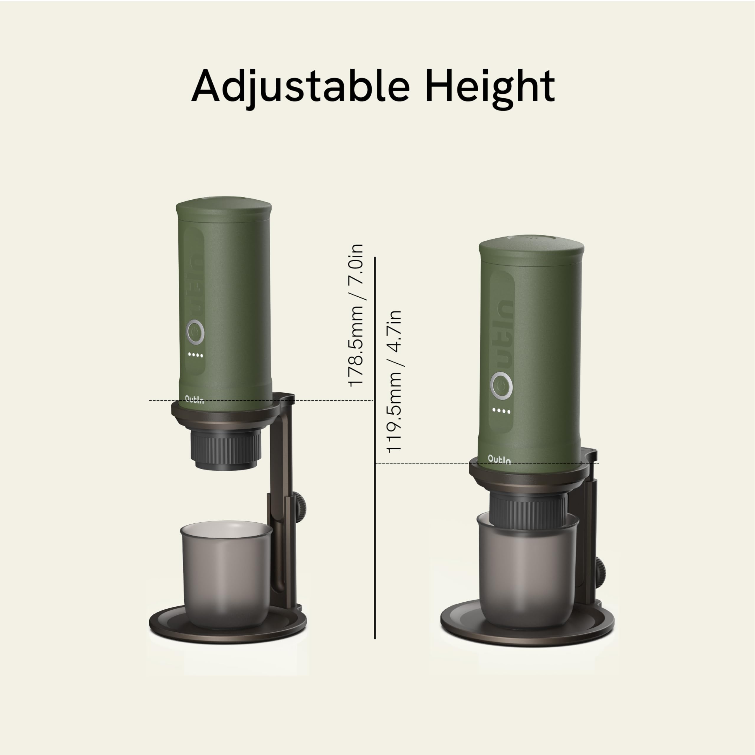 OutIn Portable Nano espresso gear fitting on the stand for travel brewing.