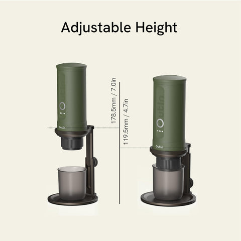 OutIn Portable Nano espresso gear fitting on the stand for travel brewing.