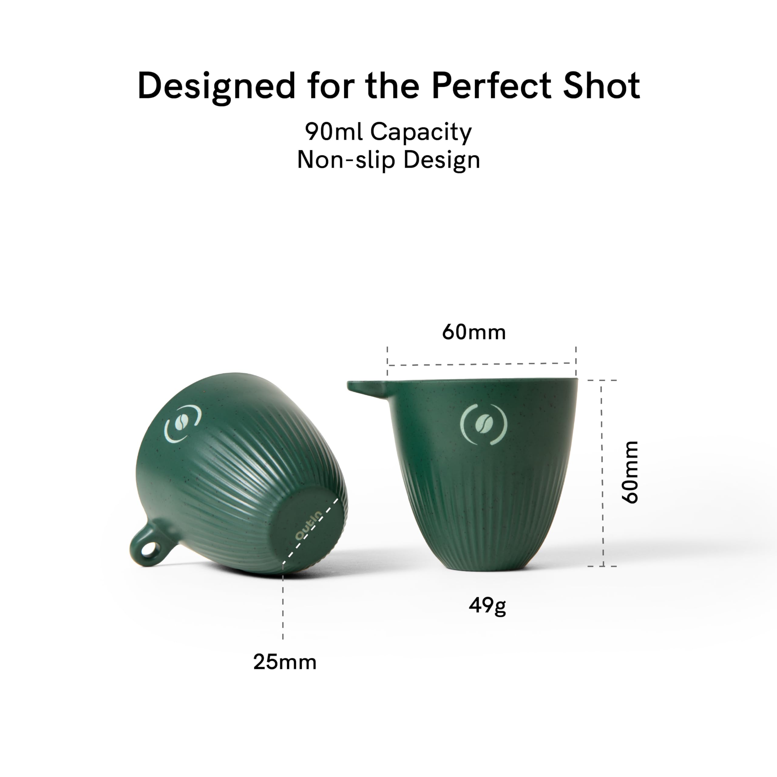 OutIn espresso cup highlights eco-friendly recycled coffee ground material.