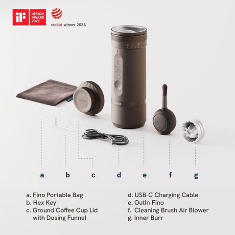 OutIn Fino showing 38mm heptagonal burr for fast, uniform grinding.