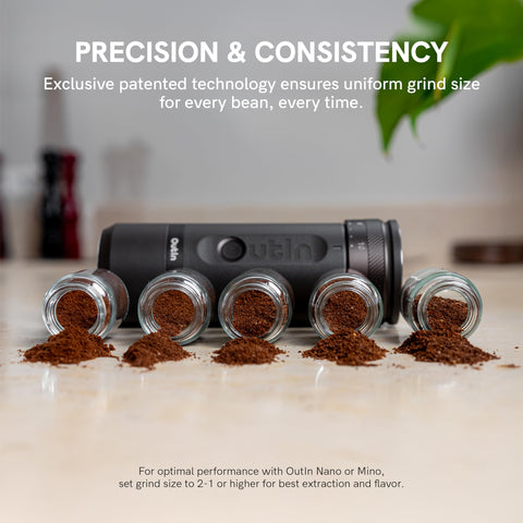 OutIn Fino collapsible bean hopper saves space in portable setups.