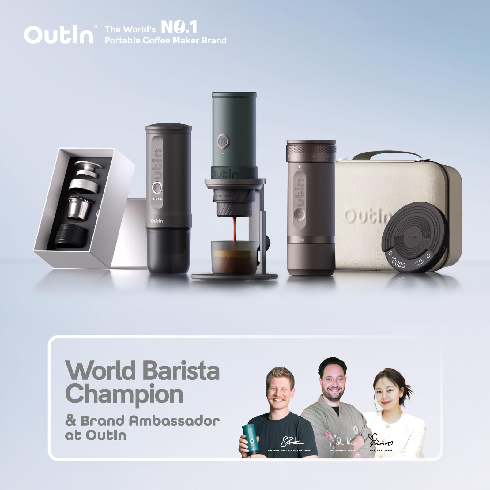 OutIn Nano included accessories and mug support ready, portable coffee routines.