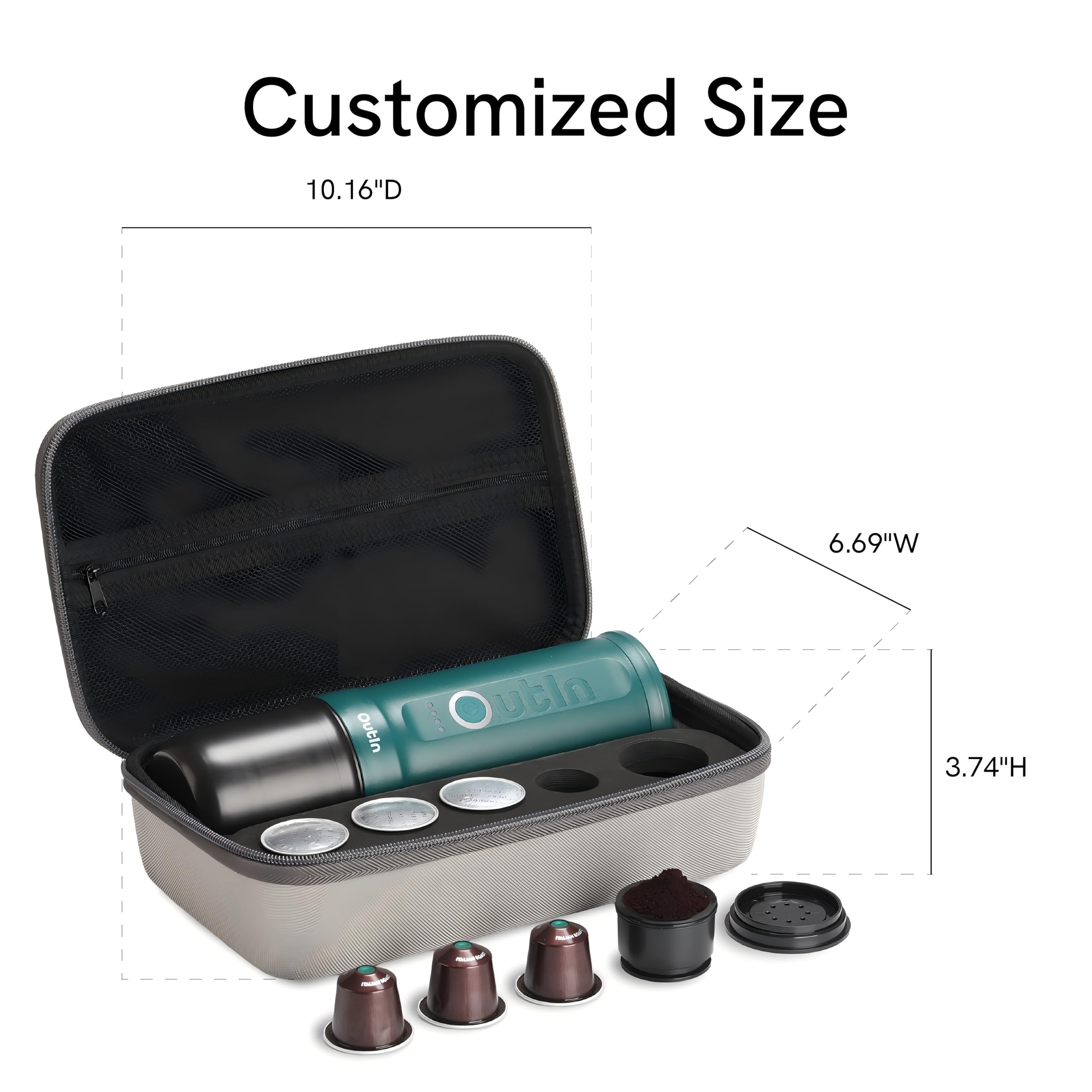 OutIn case interior reveals space for nano machine and capsules during travel.