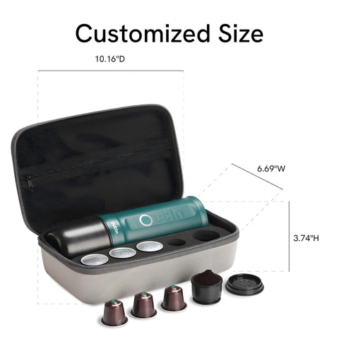 OutIn case interior reveals space for nano machine and capsules during travel.