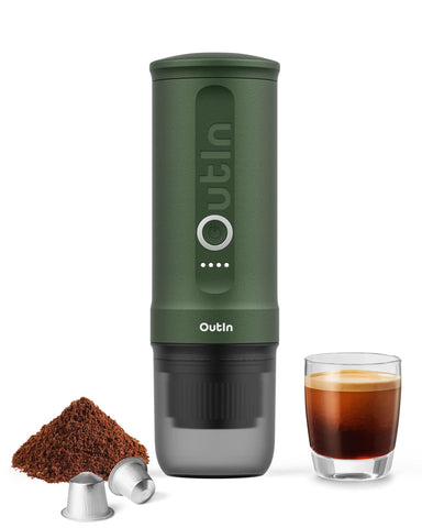 OutIn Nano portable espresso machine ready for camping trips, compact and fast.