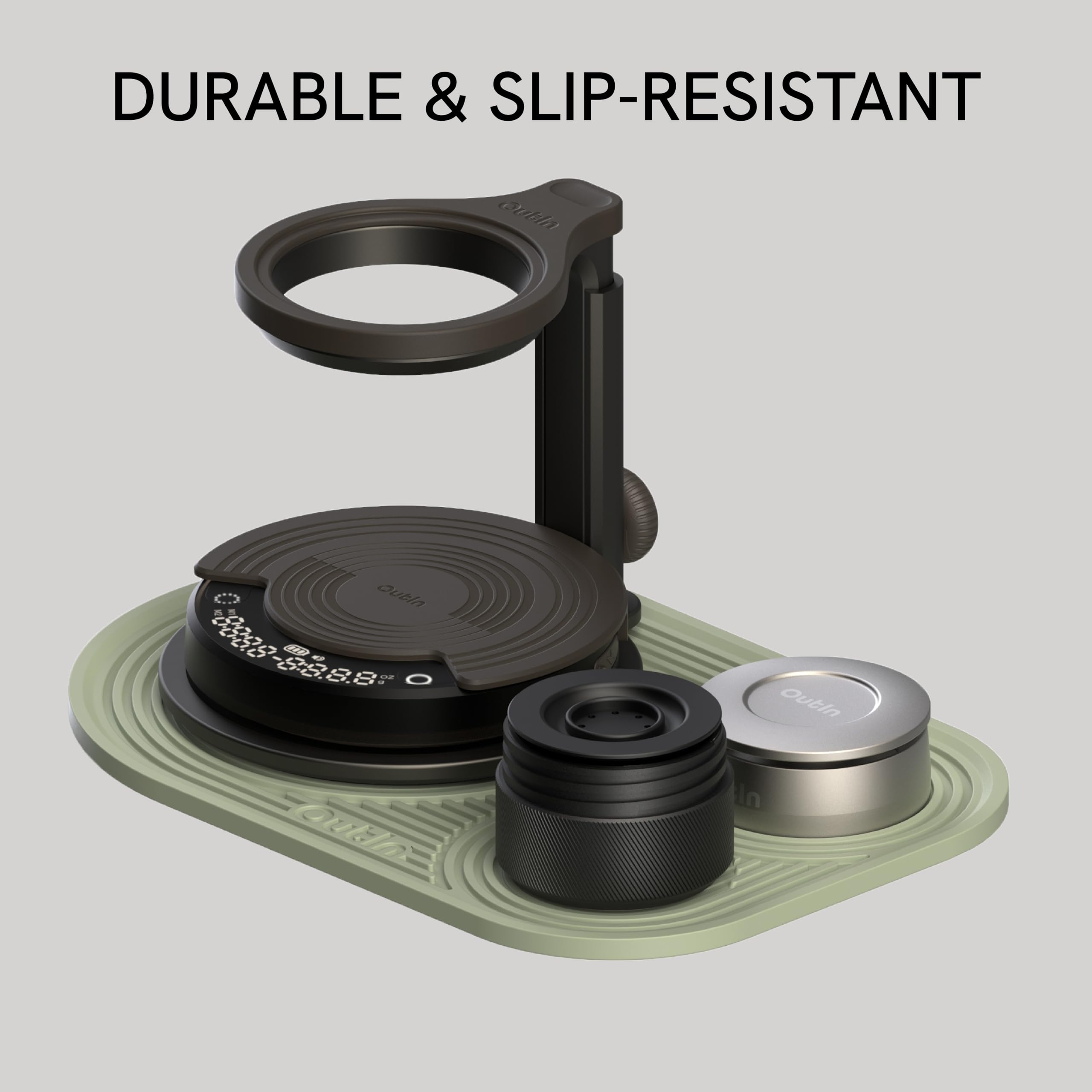 OutIn silicone coffee mat anti-slip texture keeps cups stable while brewing.