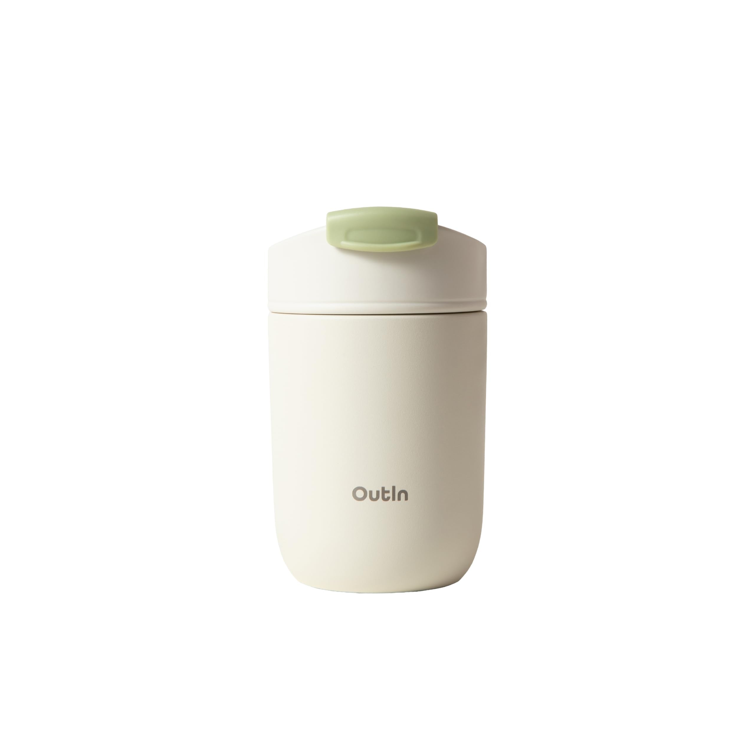 OutIn Travel Tumbler front view, sand white, ideal for on-the-go coffee.