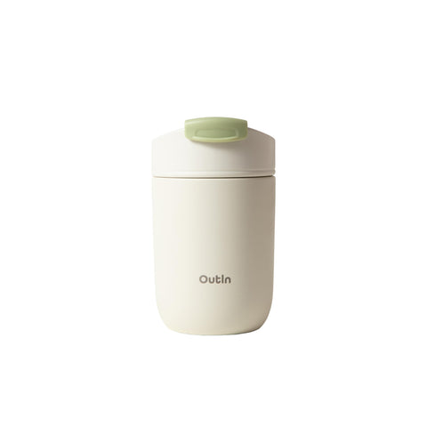 OutIn Travel Tumbler front view, sand white, ideal for on-the-go coffee.