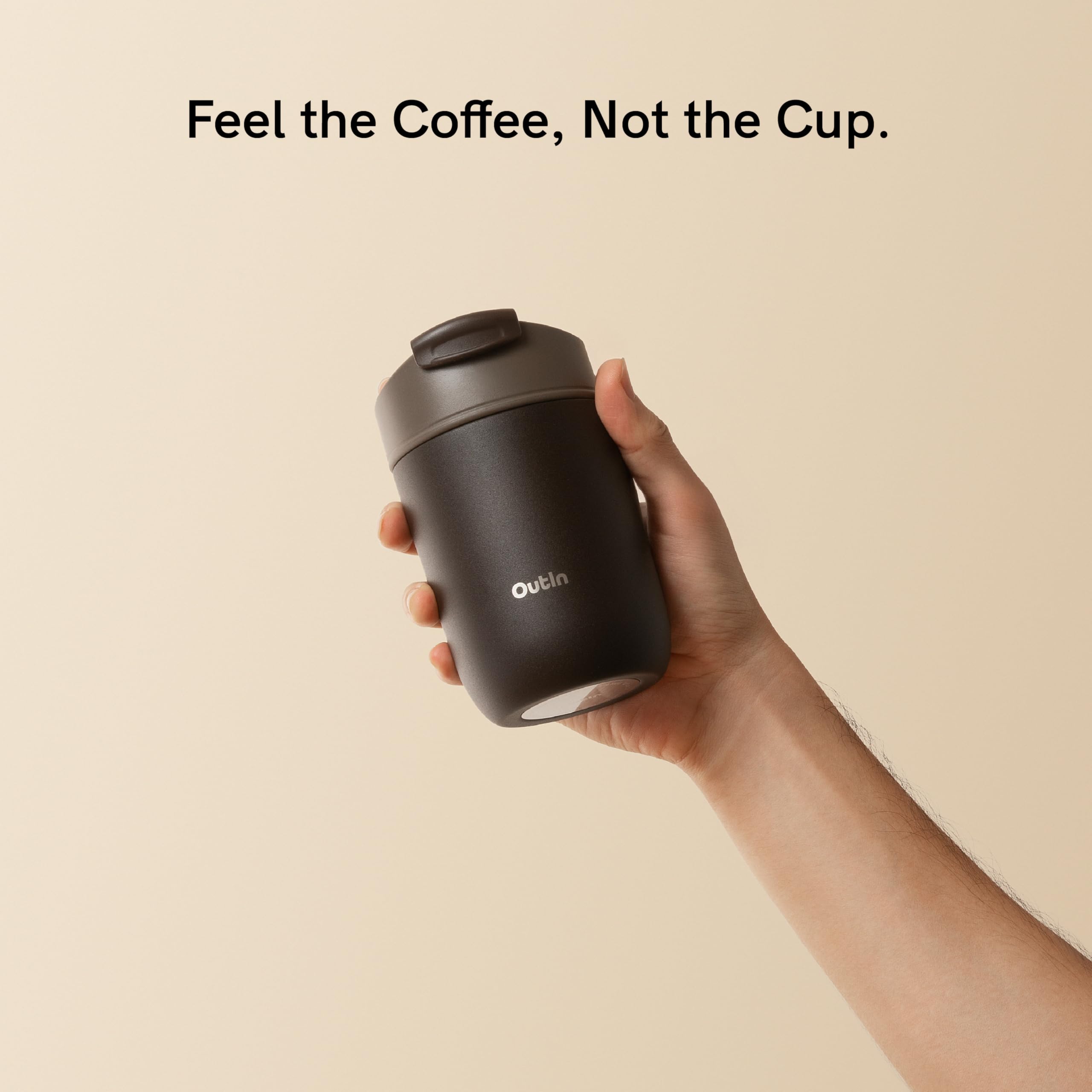OutIn Travel Tumbler lid close-up shows leak-proof flip lid for mess-free transport.