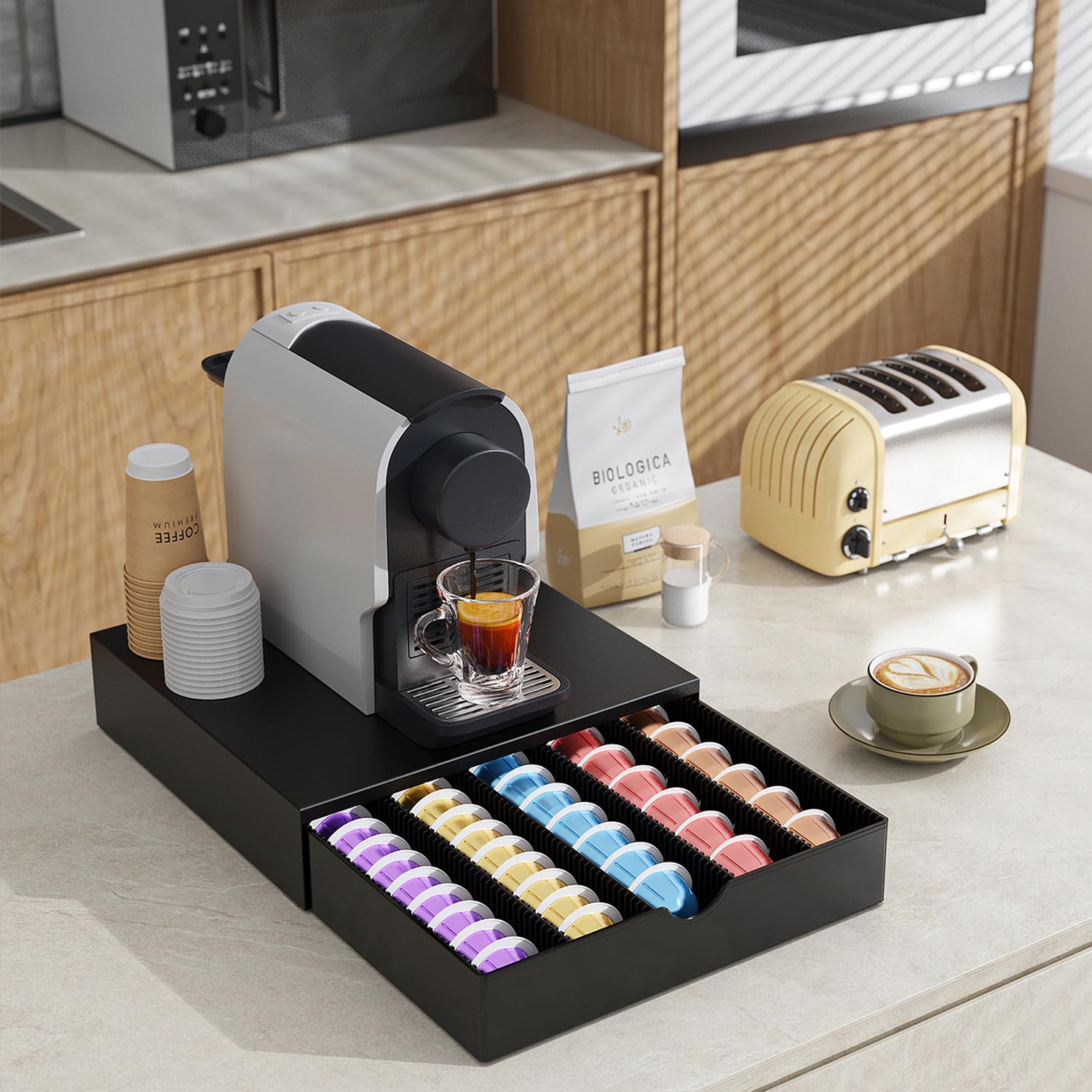 OUTIOE Vertuo pod drawer compact design saves counter space while organizing Vertuo and K-Cup pods.