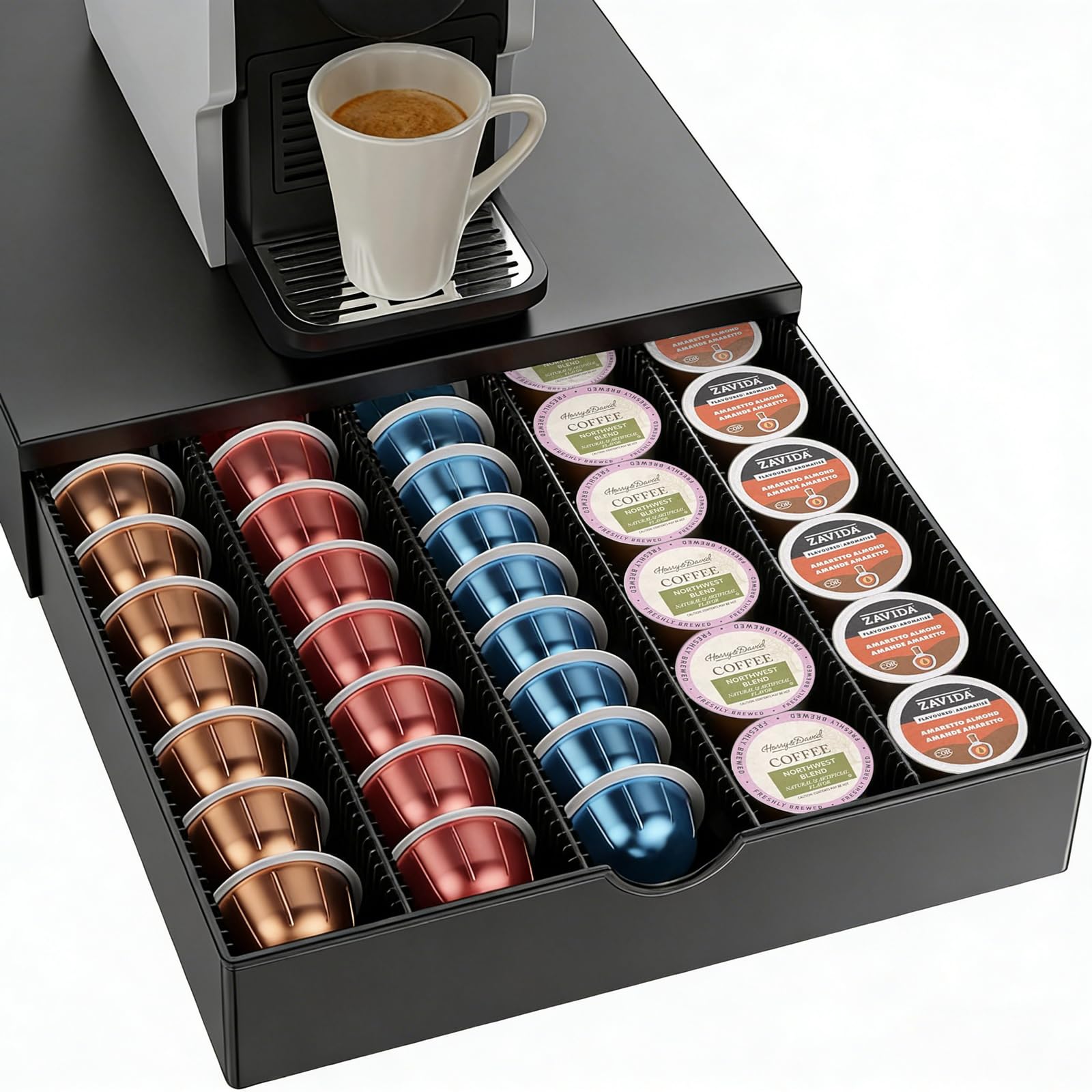 OUTIOE Vertuo pod drawer under the coffee machine keeps pods within reach for busy mornings.