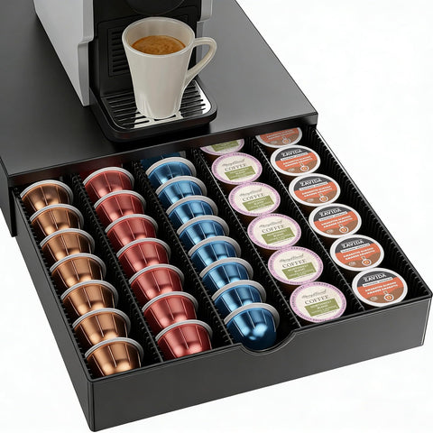 OUTIOE Vertuo pod drawer under the coffee machine keeps pods within reach for busy mornings.