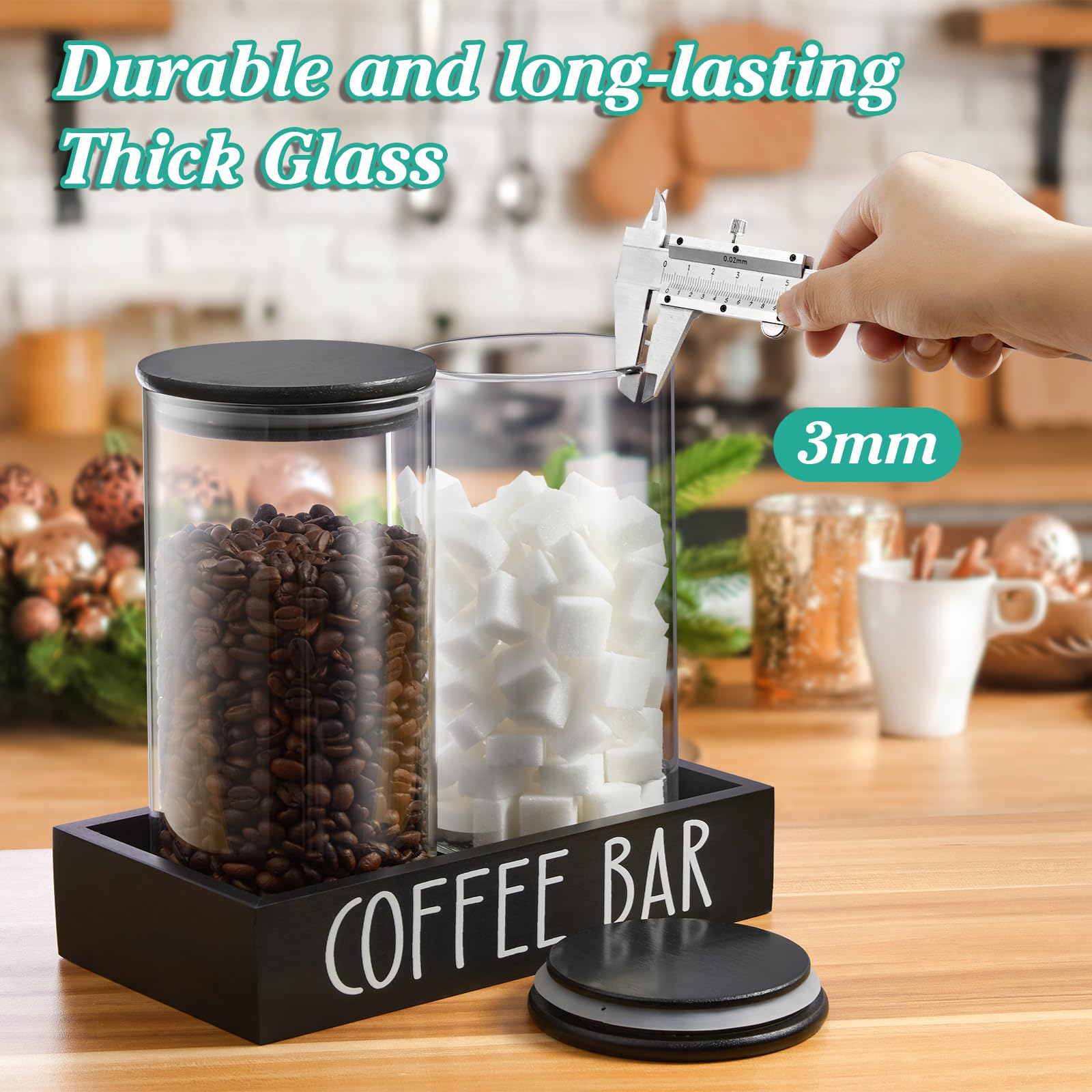 Outnili black wood tray coffee bar display adds rustic charm.