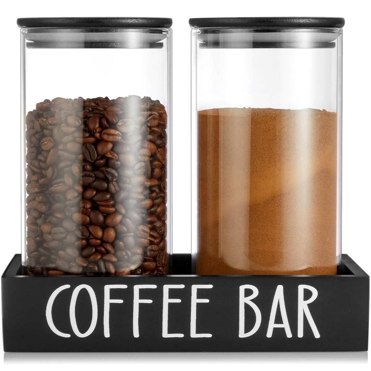 Outnili glass coffee canister 45oz with tray keeps beans organized.