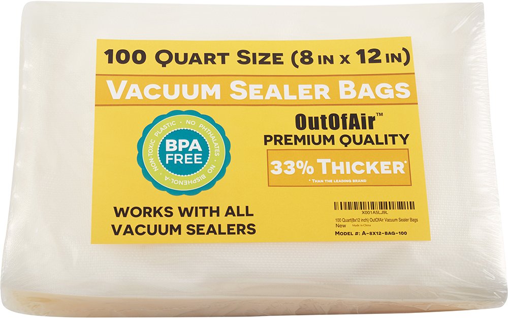 OutOfAir 100-pack quart bags show 8x12 size for reliable sealing and longer freshness