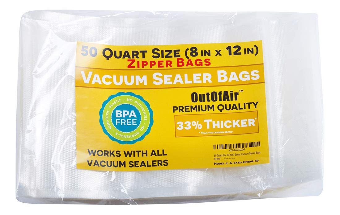OutOfAir quart 8x12 bags front view, durable seal for fresh snack prep.