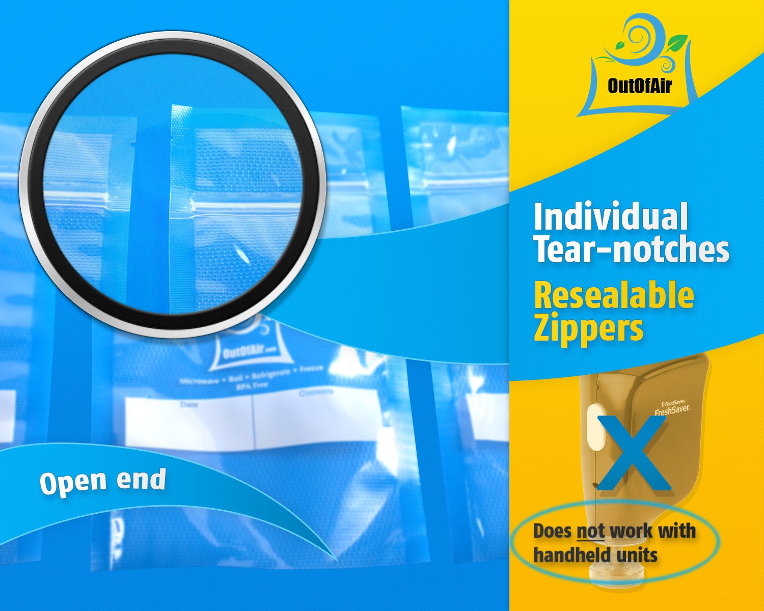 OutOfAir quart 8x12 bags sealed, showing zipper closure for easy reuse.