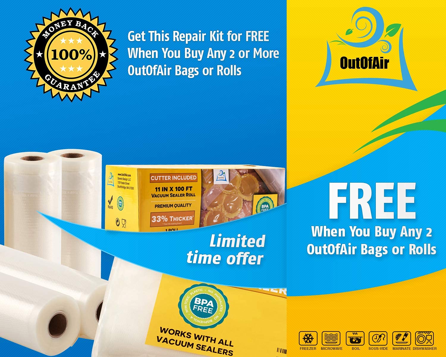 OutOfAir repair kit contents: foam gaskets and heat strip tape in packaging.