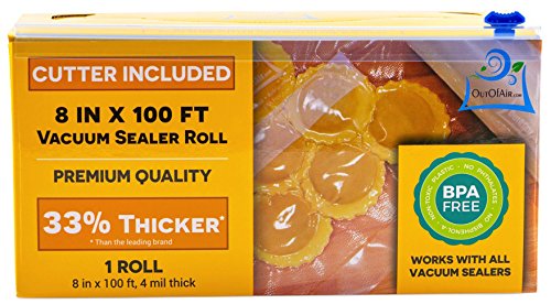 OutOfAir vacuum sealer roll 8in x 100ft with strong 4mil bags for long storage.