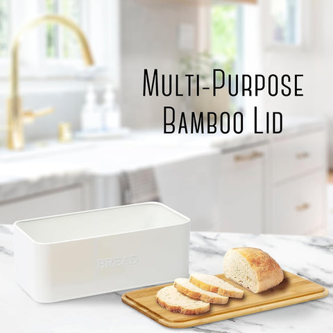OUTSHINE White bread box helps reduce countertop clutter.