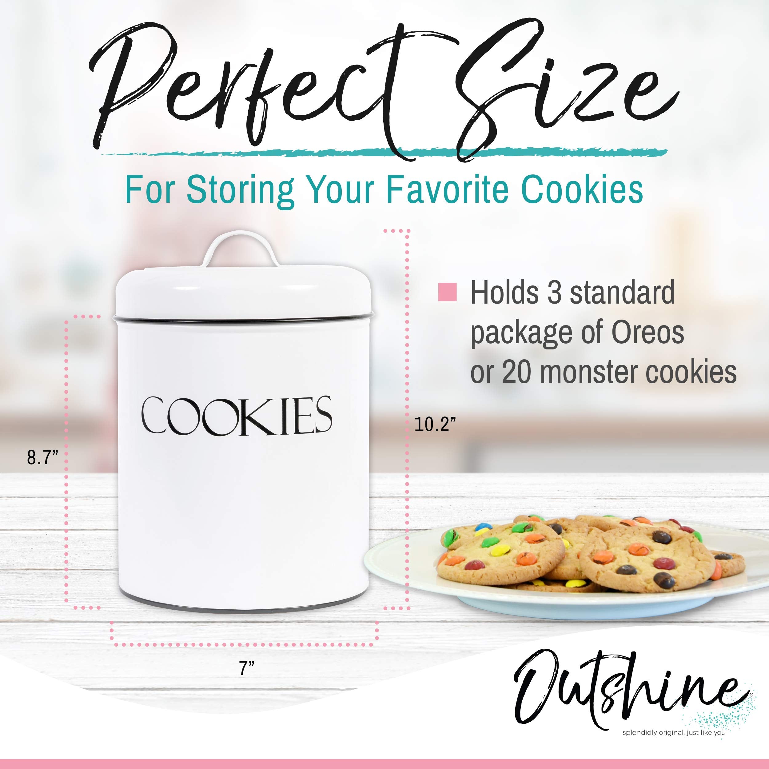 OUTSHINE White Cookie Jar on counter highlighting durable powder-coated steel finish.
