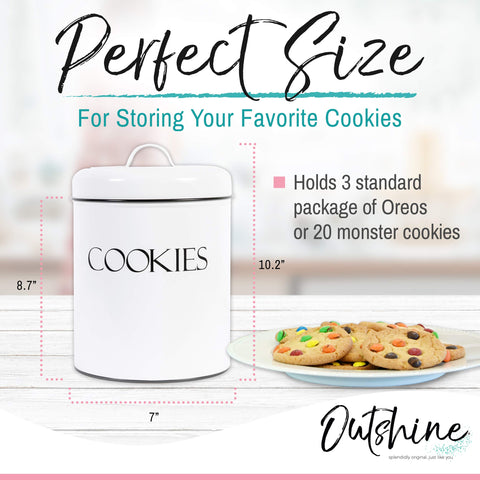 OUTSHINE White Cookie Jar on counter highlighting durable powder-coated steel finish.