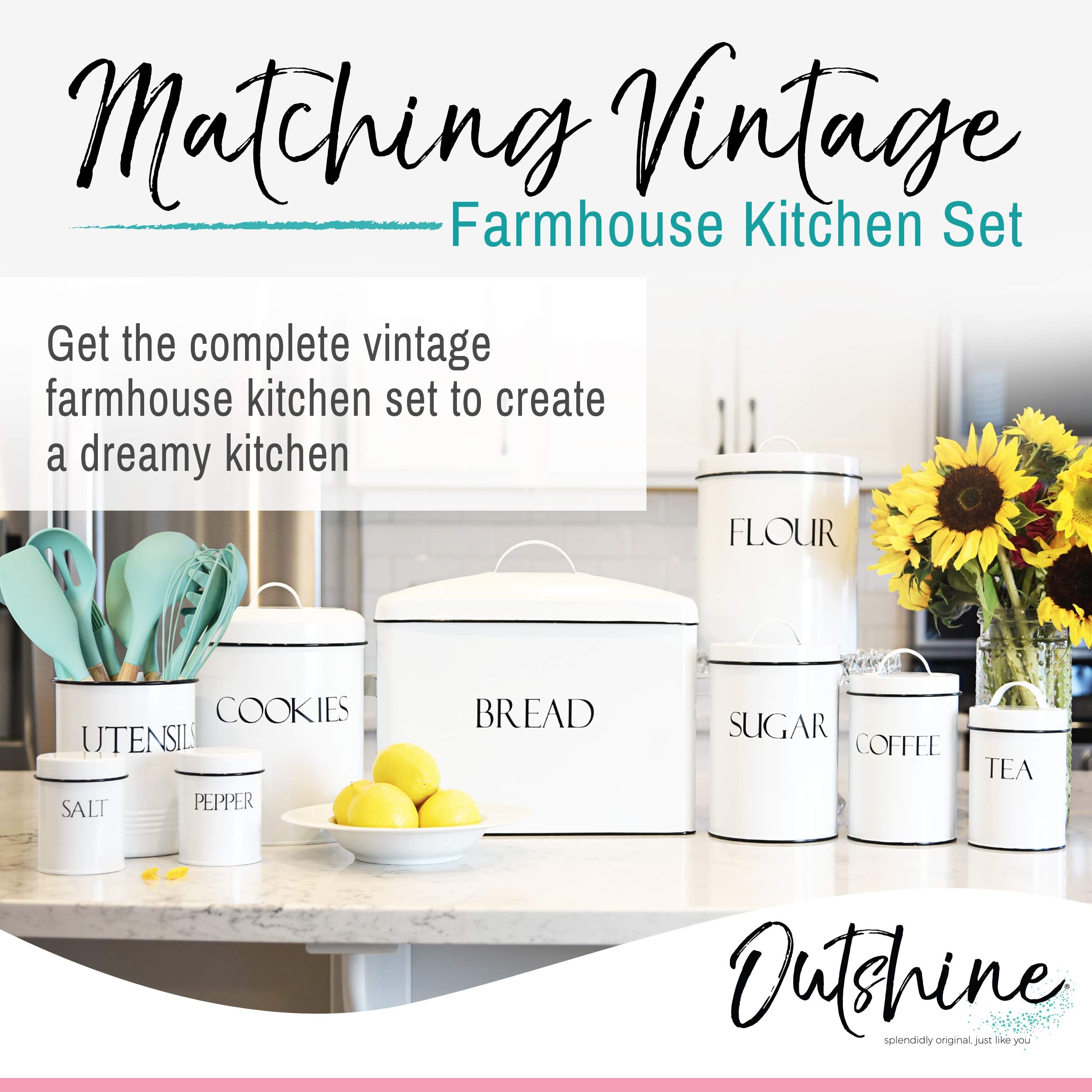 OUTSHINE vintage cookie jar with handles on a kitchen counter for farmhouse charm.