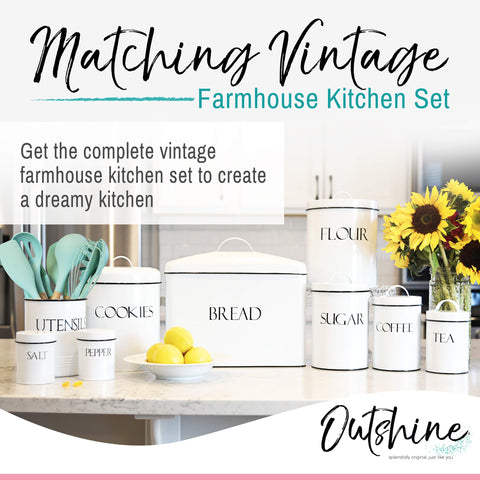 OUTSHINE vintage cookie jar with handles on a kitchen counter for farmhouse charm.