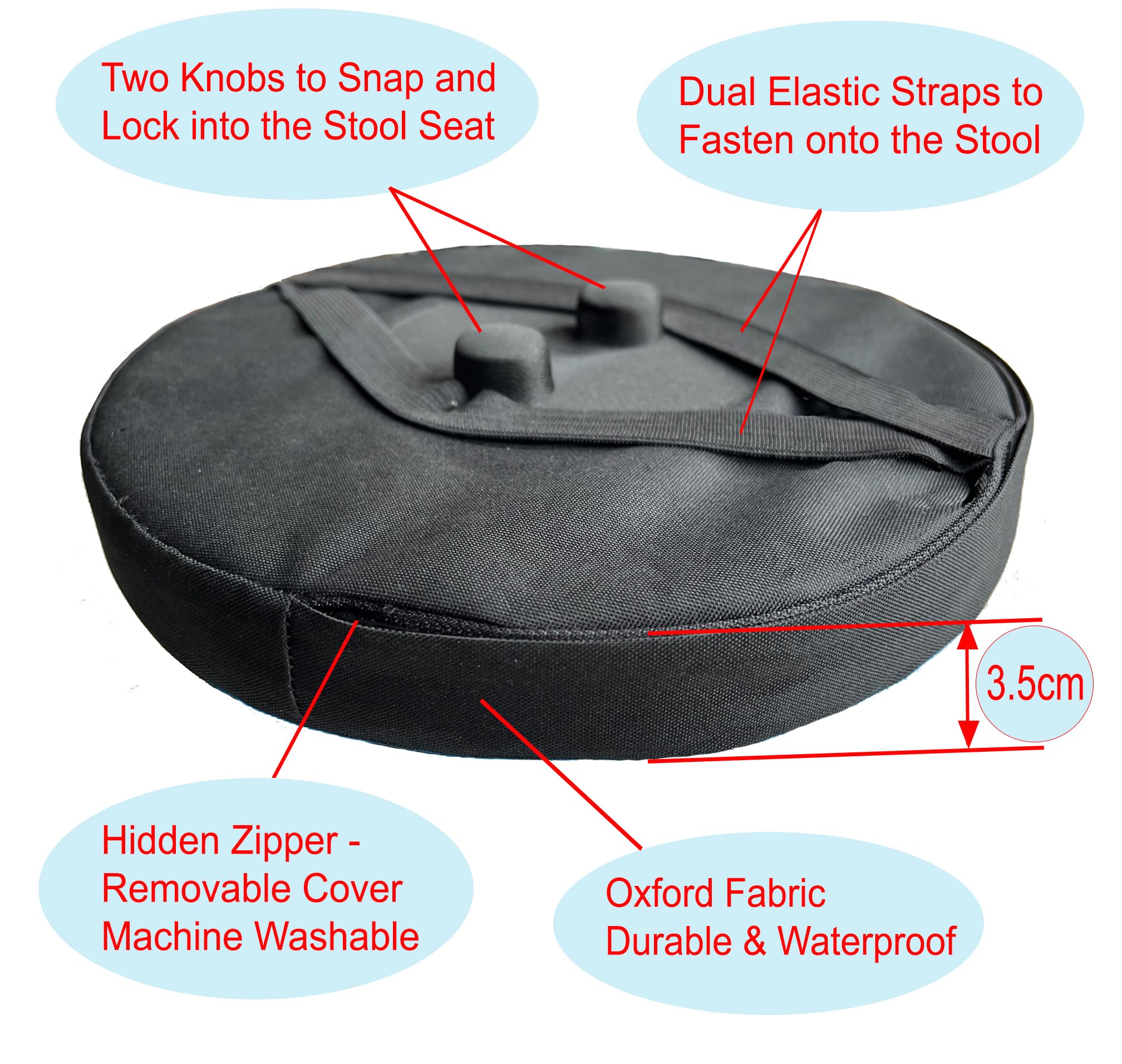 Outward Gear cushion with snap-lock knobs demonstrates secure attachment on a telescopic stool