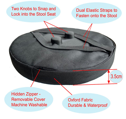 Outward Gear cushion with snap-lock knobs demonstrates secure attachment on a telescopic stool