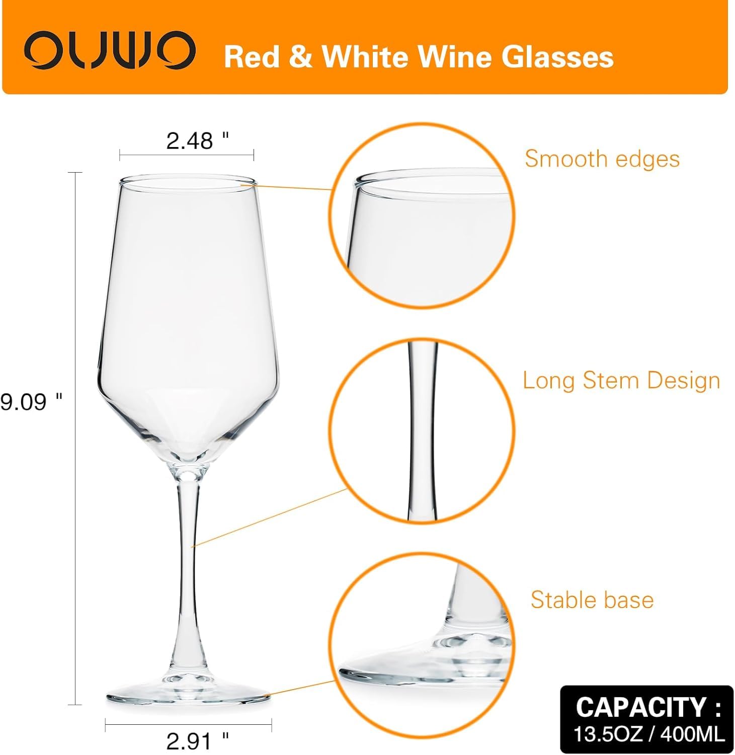 OUWO elegant 13-5oz glass size suits both red and white wines beautifully