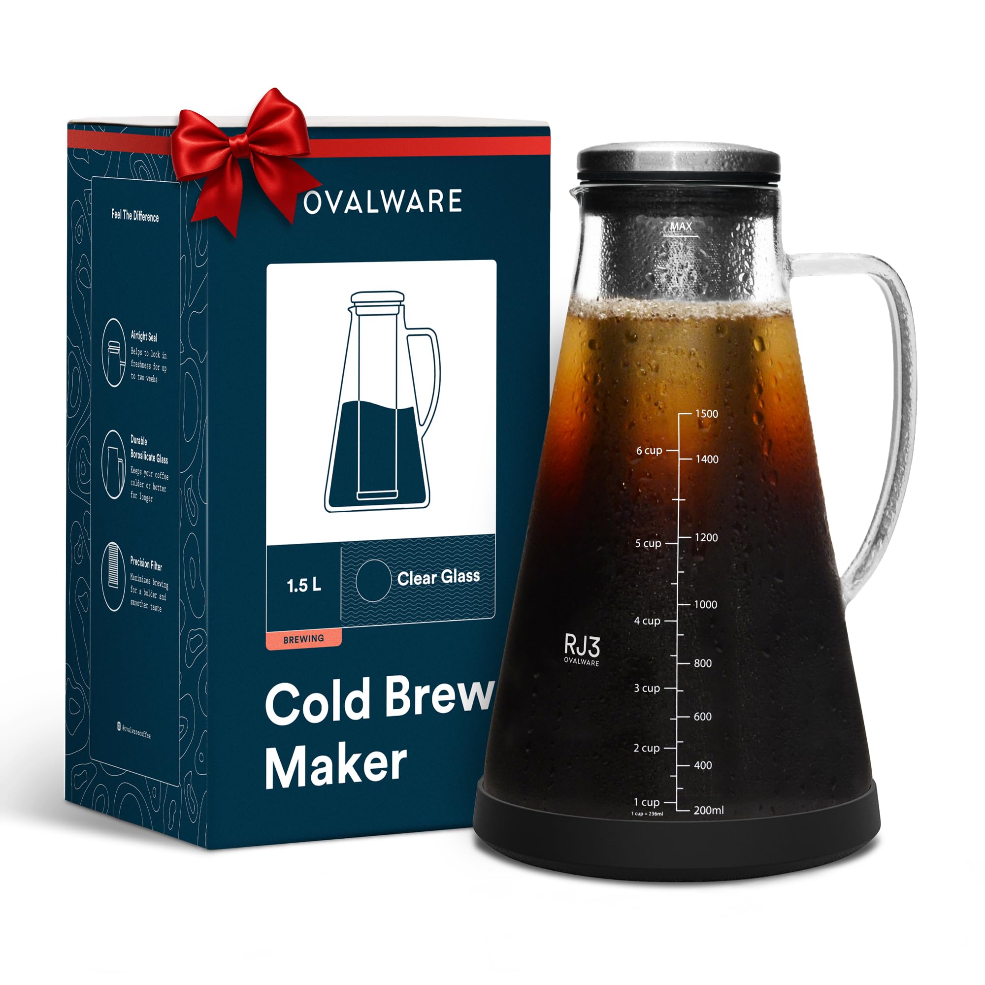Ovalware airtight cold brew pitcher with spout for easy pouring and freshness.