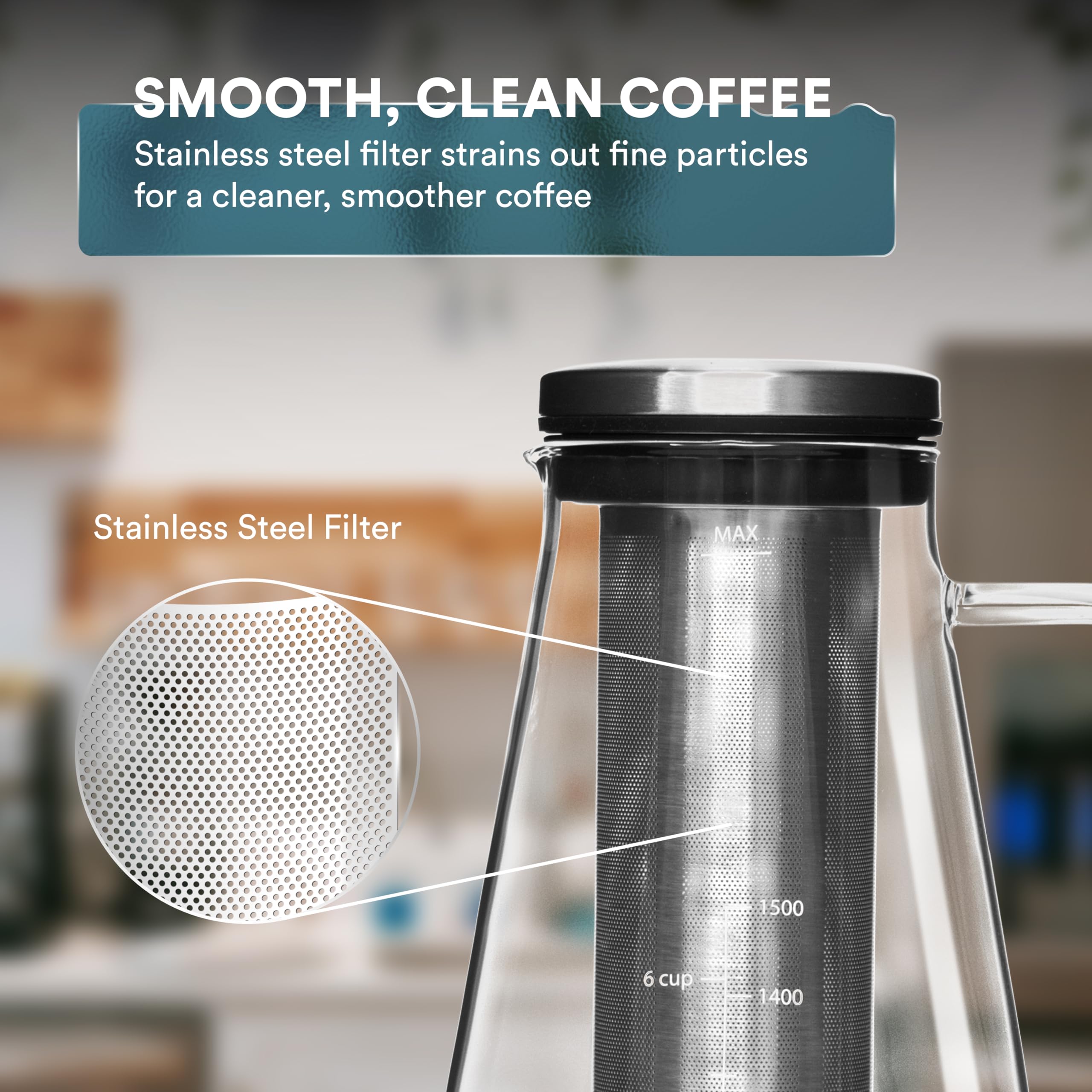 Ovalware BPA-free silicone seal locks in aroma and minimizes spills.