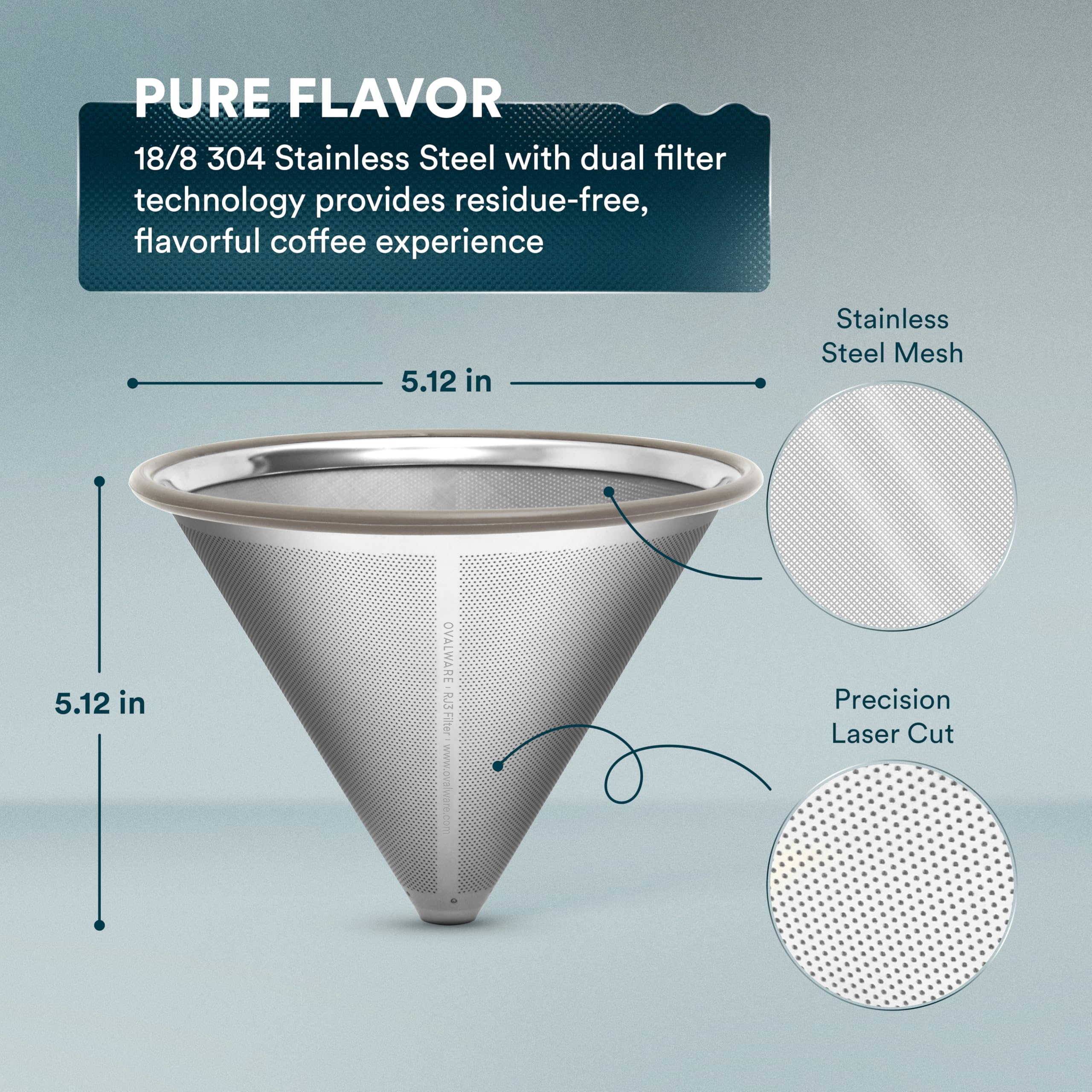 Ovalware dual-filter construction with inner mesh and outer filter for rich aroma.