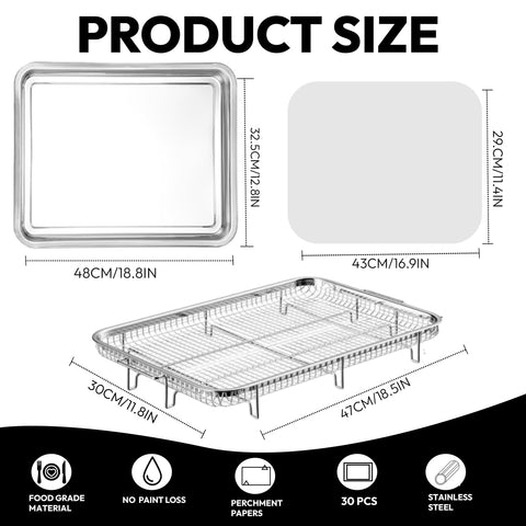OvenCrisp tray and basket set showing 360-degree cooking and large capacity.