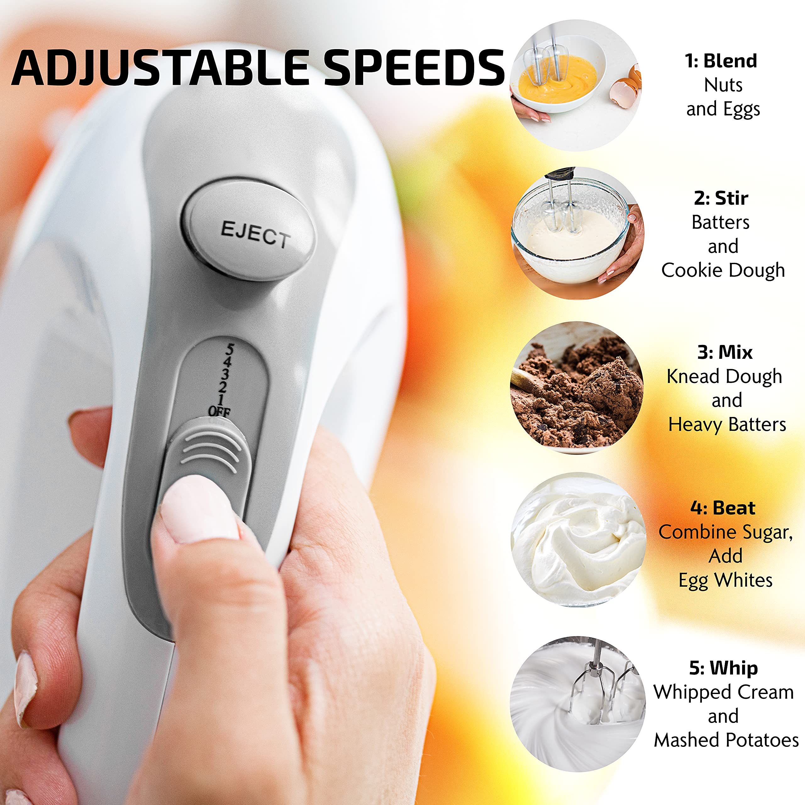 OVENTE hand mixer with snap-on storage case for easy accessory organization