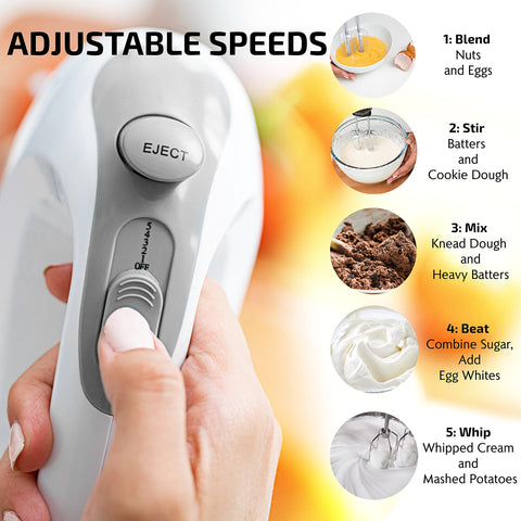 OVENTE hand mixer with snap-on storage case for easy accessory organization