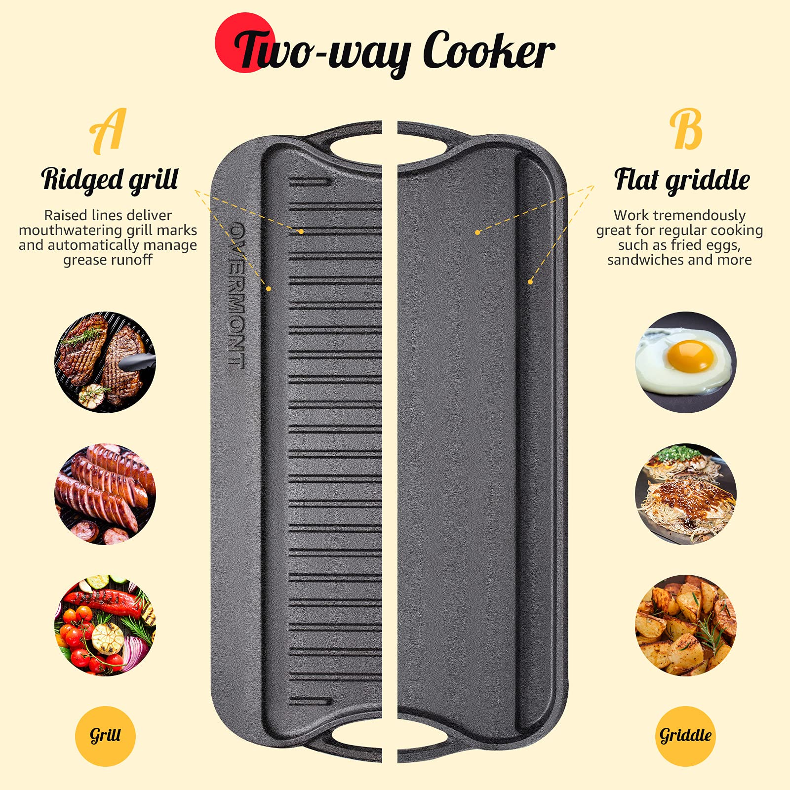 Overmont cast-iron reversible griddle surface ribbed side for grilling veggies