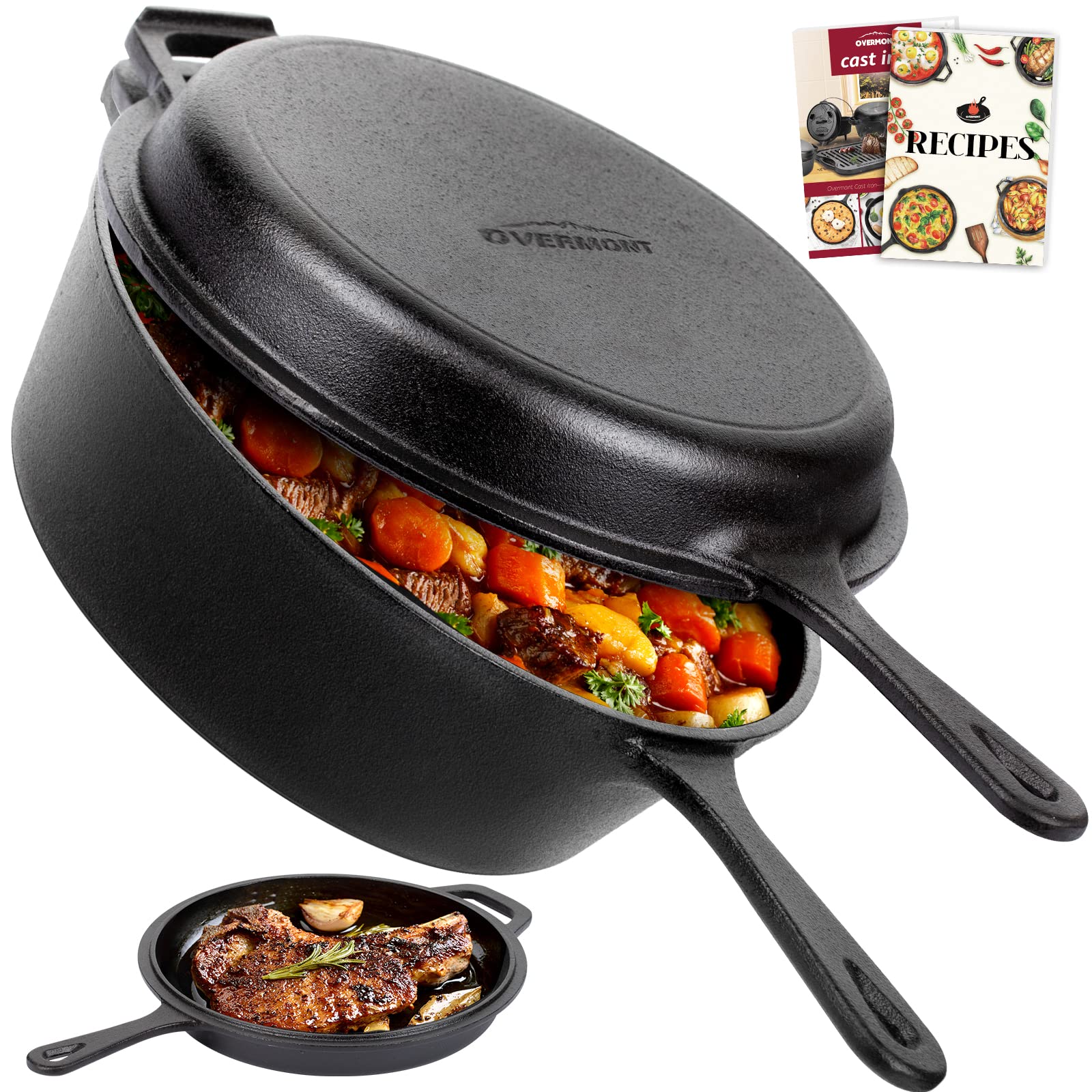 Overmont cast iron skillet with lid in 2-in-1 setup