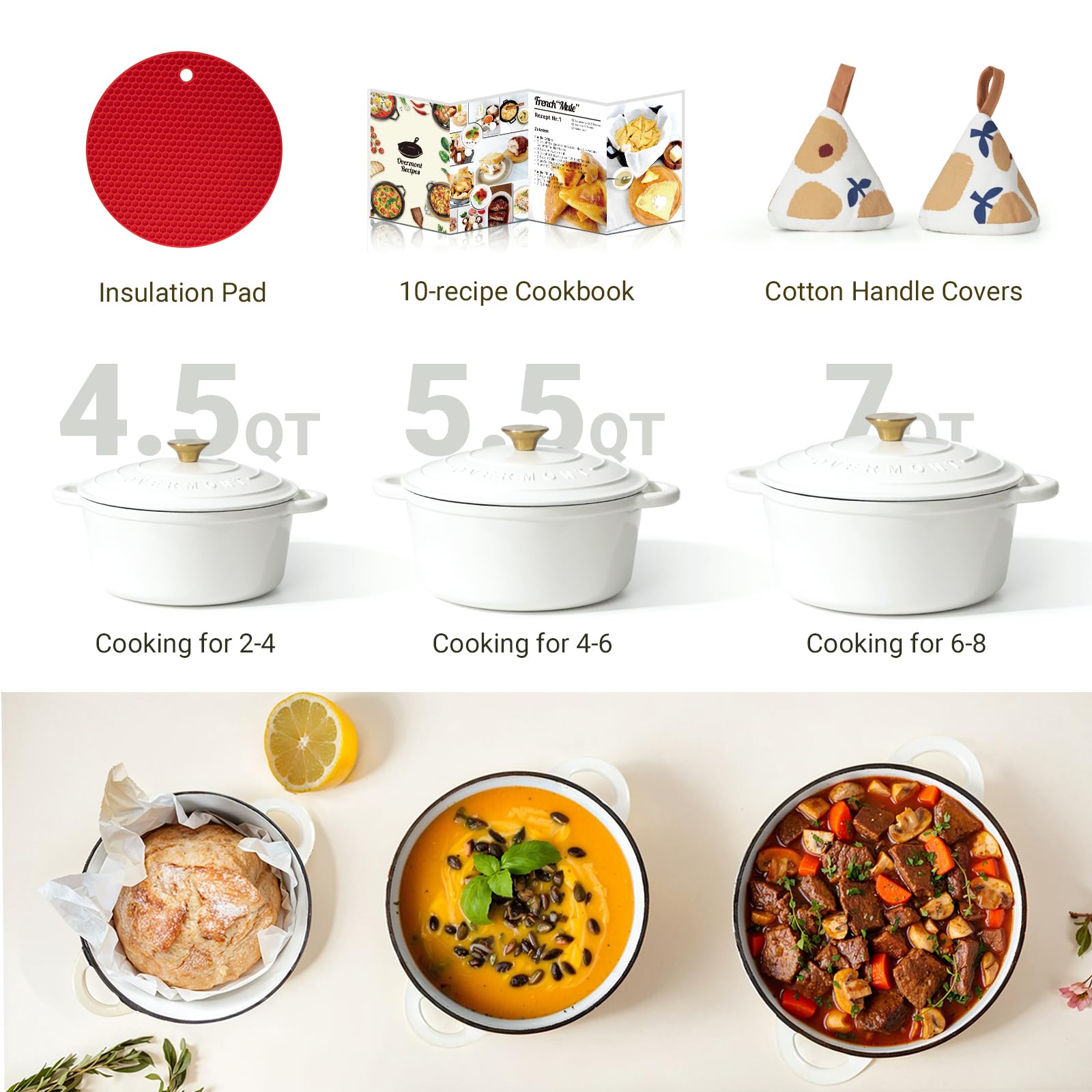 Overmont includes a cookbook and cotton potholders for guided cooking and safe handling.