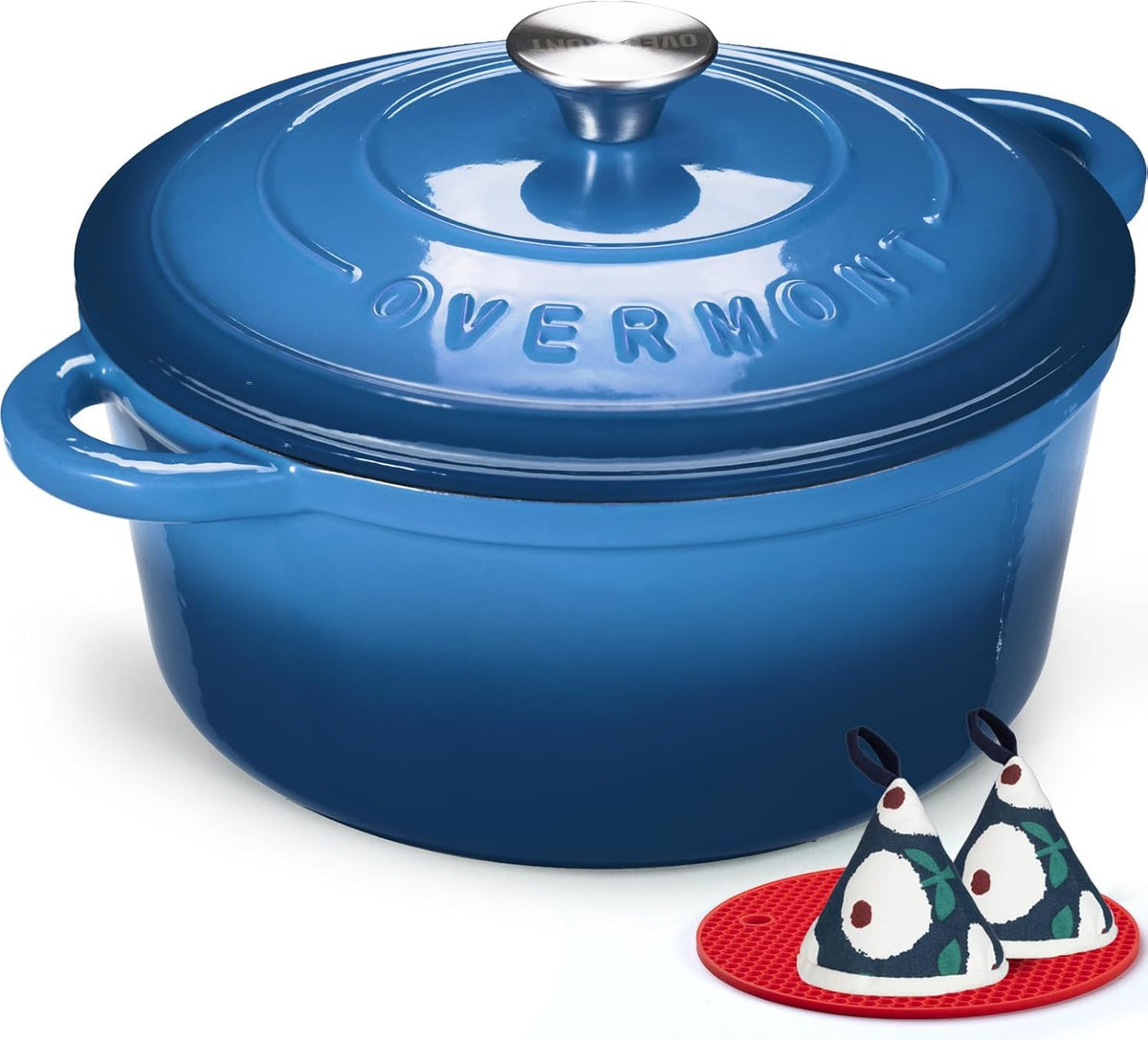 Overmont blue enameled Dutch Oven with lid, vibrant finish for even heat distribution.