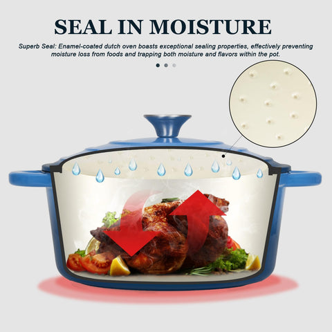 Overmont Dutch Oven in blue braising a hearty stew for tender results.