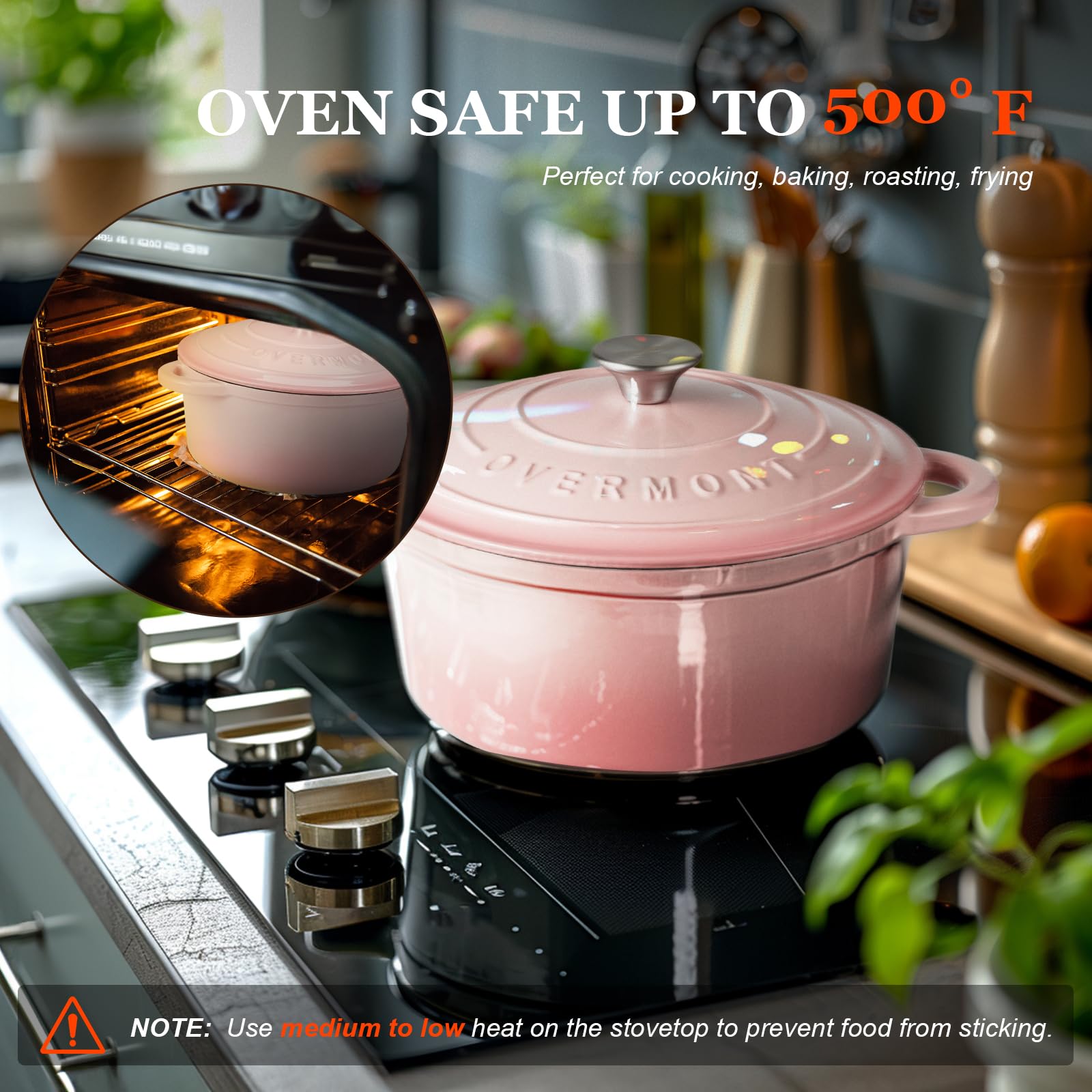 Enameled surface of Overmont Dutch oven simplifies cleaning after cooking
