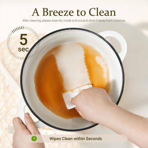 Overmont lid design condenses steam to keep dishes moist and flavorful during simmering.