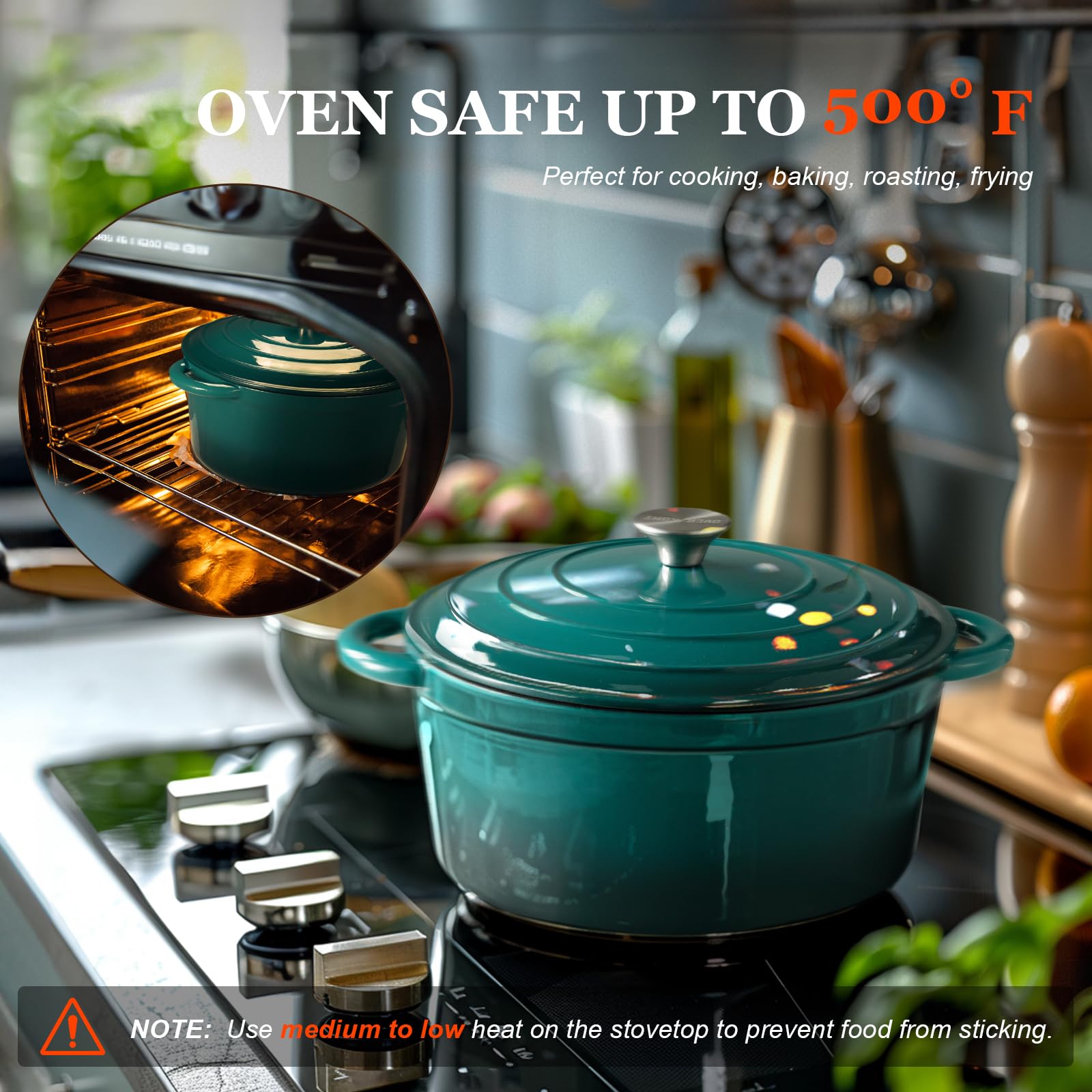 Overmont bottle-green Dutch oven on stovetop showcases versatile cooking surface for searing and simmering