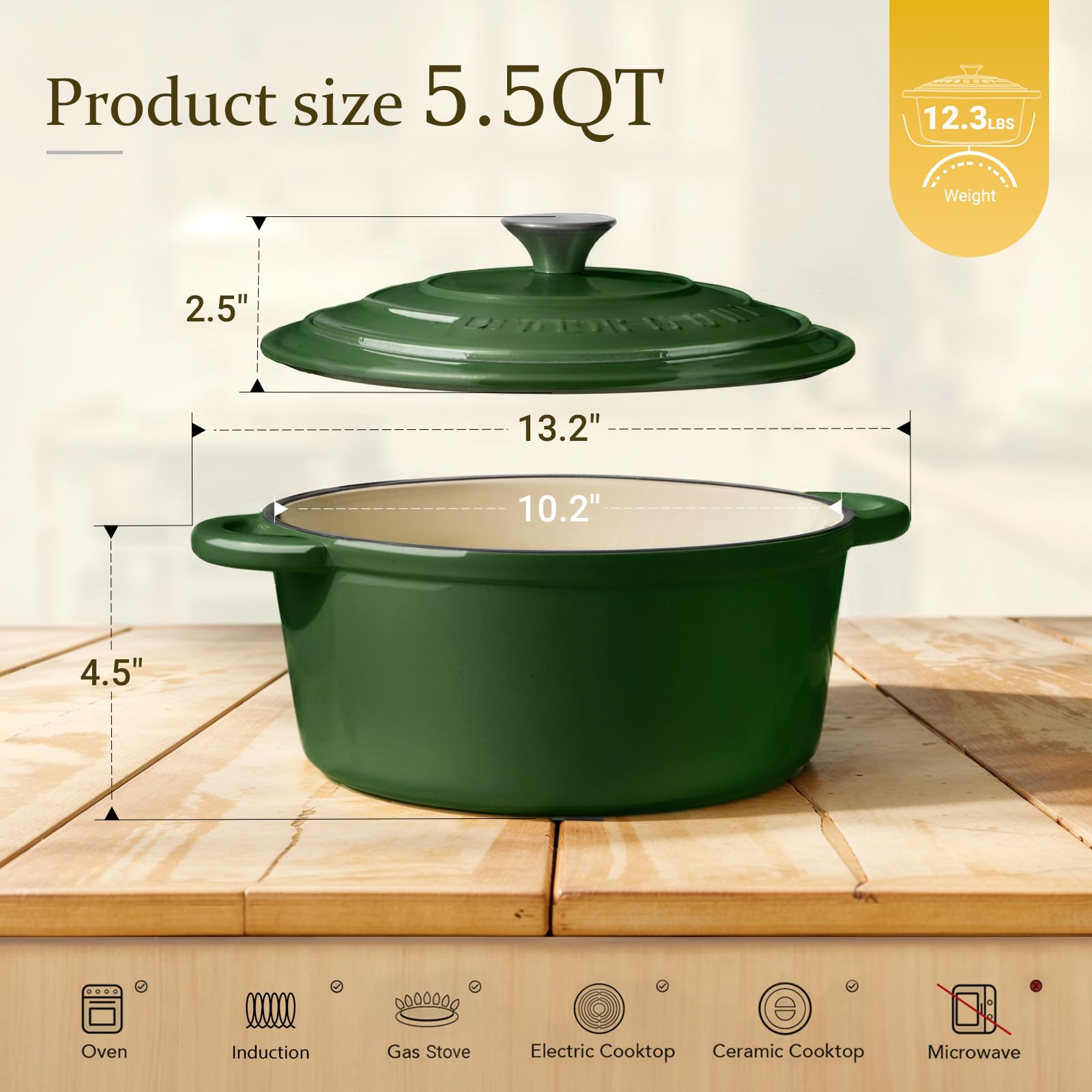 Overmont oven-safe Dutch oven up to 500°F for finishing dishes